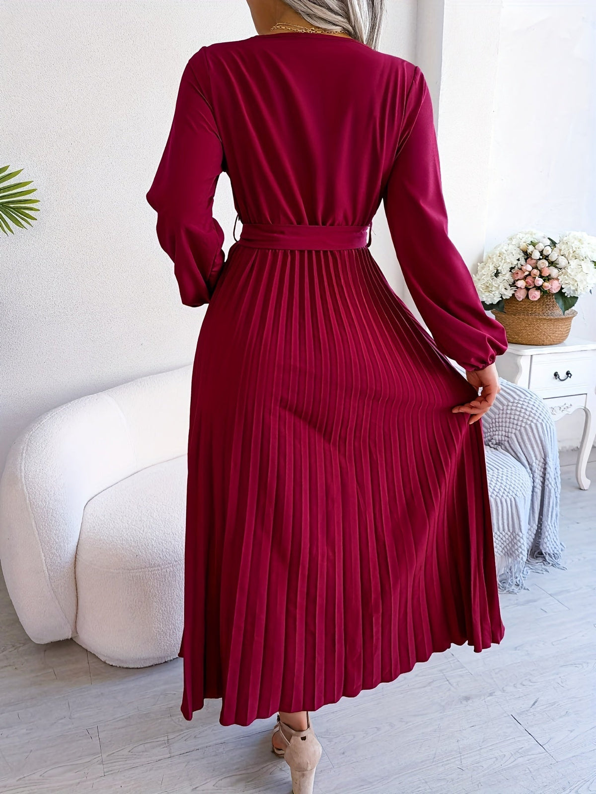 Pleated Surplice Neck Dress, Elegant Long Sleeve Solid Dress, Women's Clothing