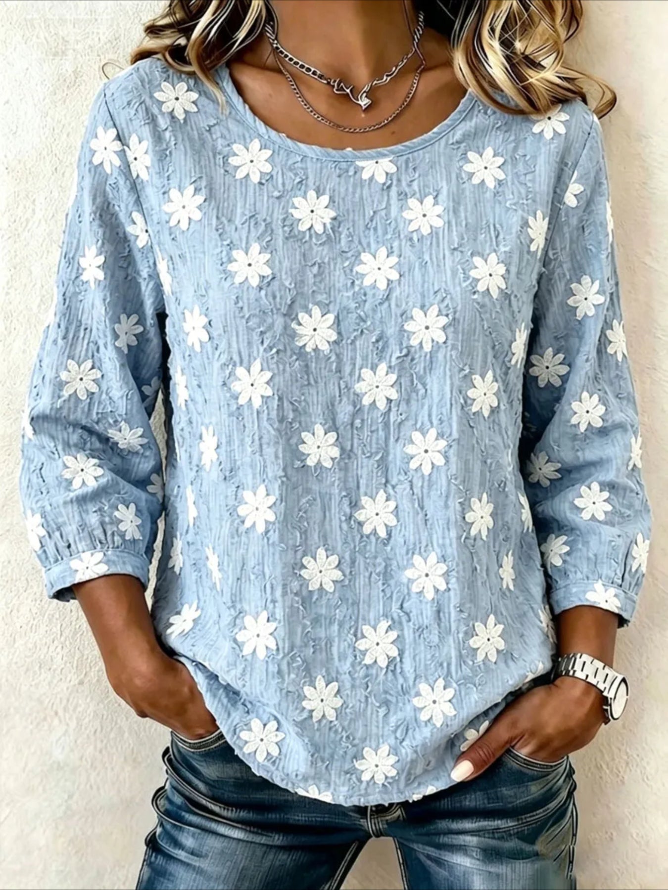 Crew Neck Half Sleeve Star Printing Regular Blouse