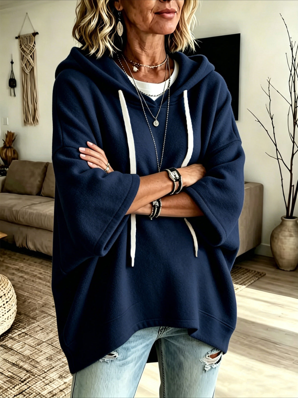 Loose 3/4 Sleeve Hooded Drawstring Bat-sleeved Sweatshirt