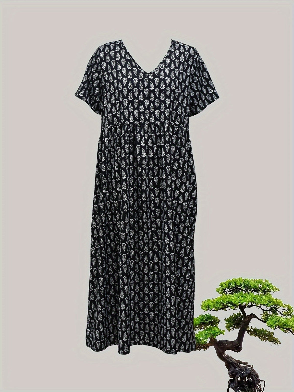 All Over Print Dress, Casual V Neck Short Sleeve Dress