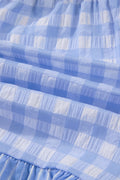 Sky Blue Gingham Print Ruffle Striped Detail Lace Tie Shorts