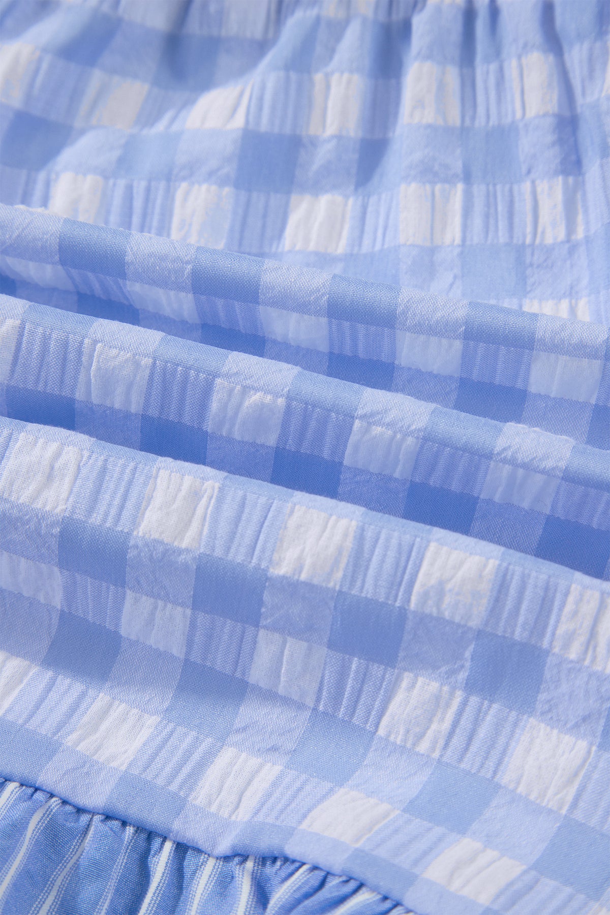 Sky Blue Gingham Print Ruffle Striped Detail Lace Tie Shorts