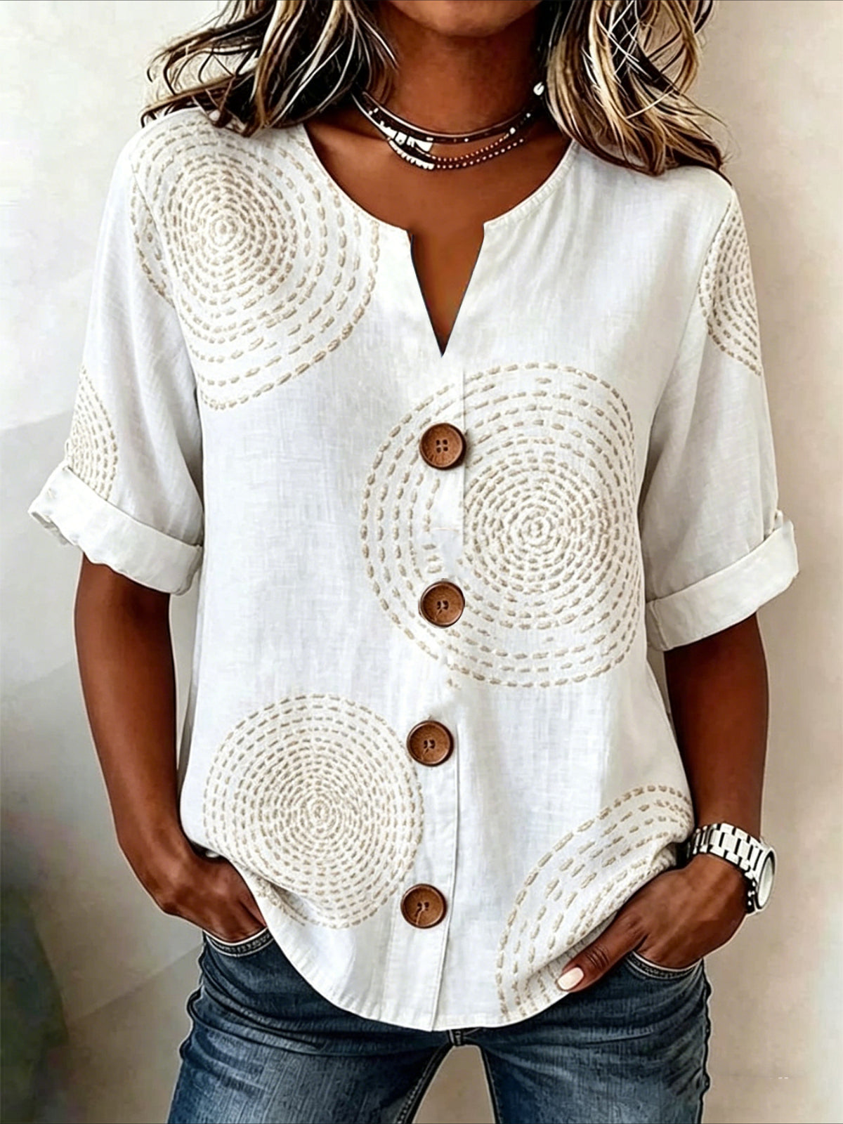 Geometric Print Loose Stand Collar Simple Linen Blend Shirt