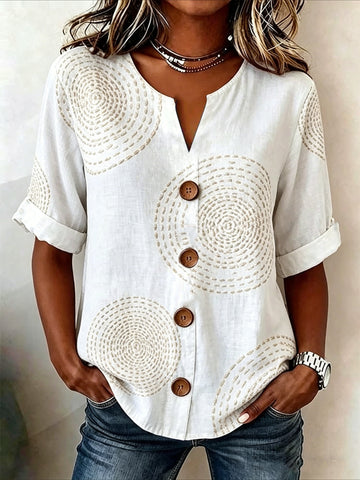 Geometric Print Loose Stand Collar Simple Linen Blend Shirt