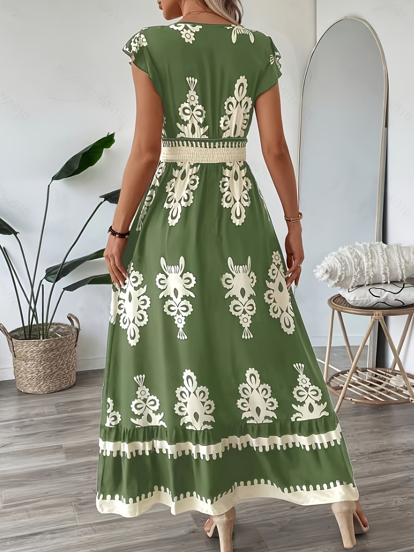 Women's Navy Blue Floral Print V-Neck A-Line Dress with Ruffled Cap Sleeves
