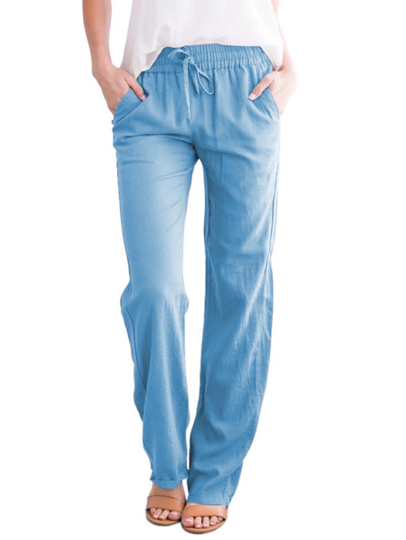Women's Loose Fit Wide-Leg Trousers - Casual Solid Color Drawstring Design Fashion Pants