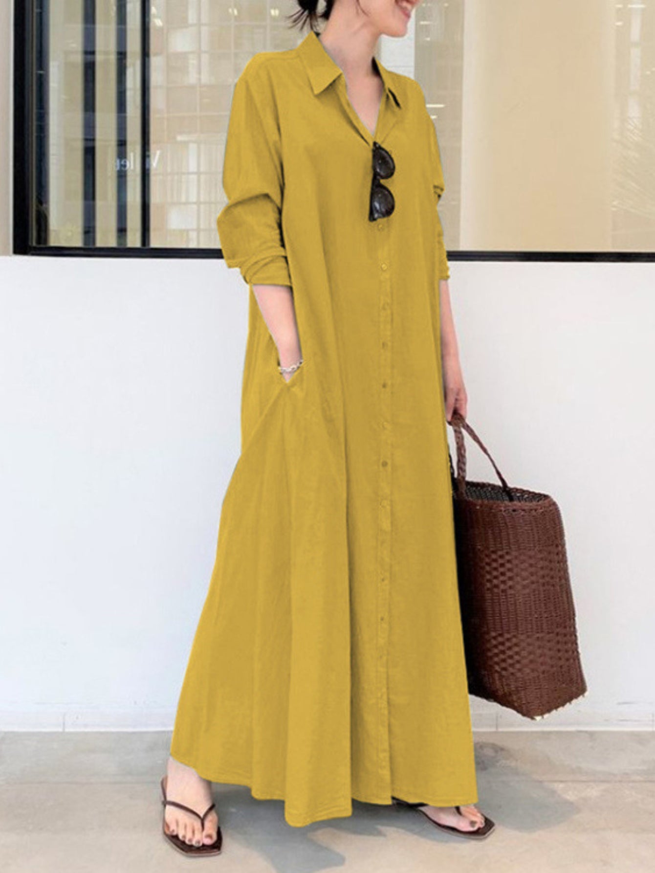 Solid Color Single Breasted Simple Dress, Elegant Long Sleeve Maxi Loose Dress