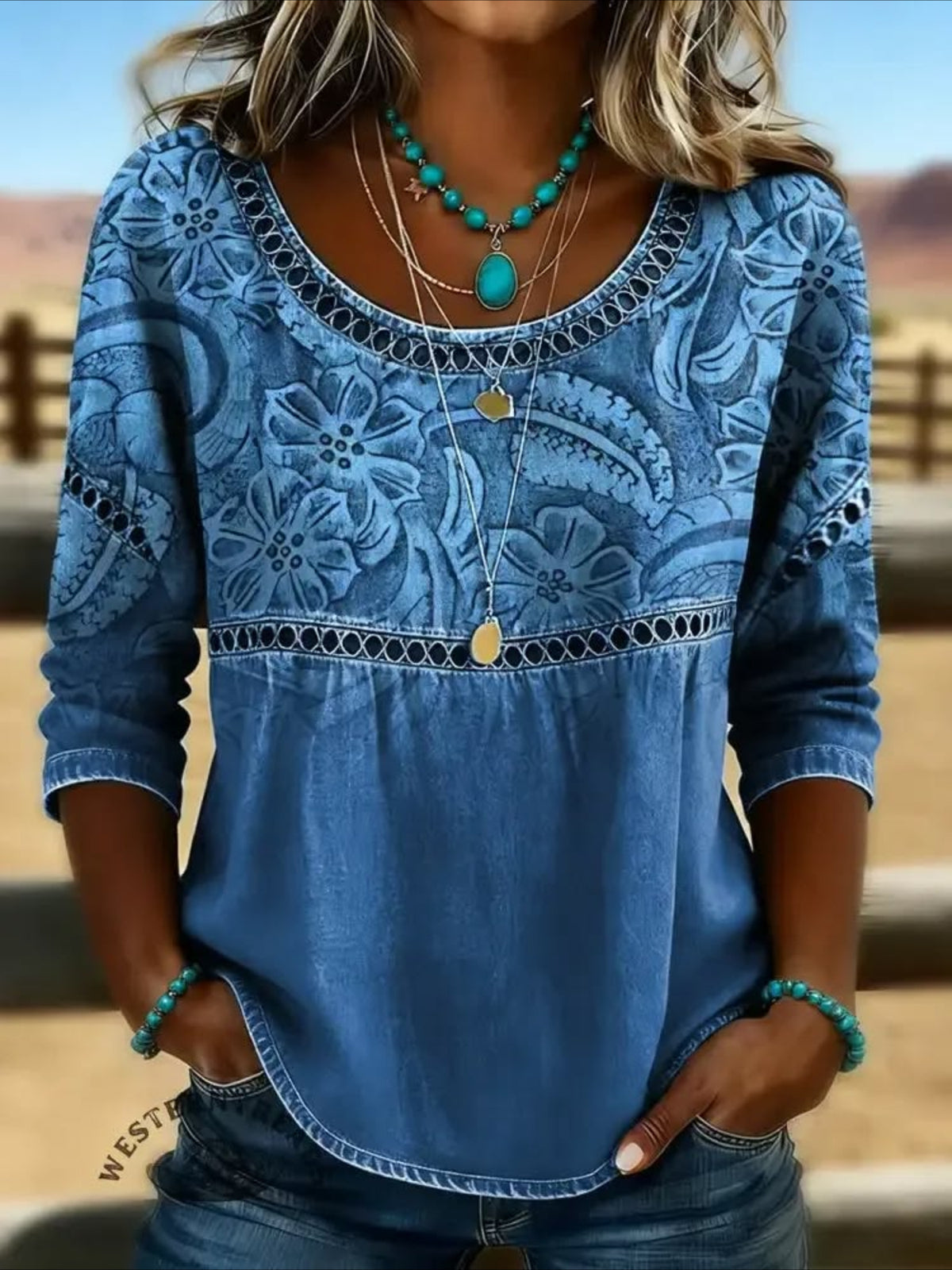 Flower Printed Mid Sleeve Pleated Round Neck Top