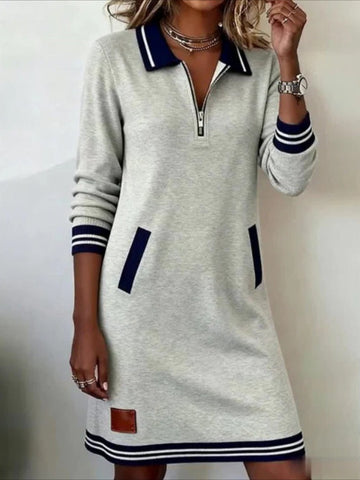 Color Block Spring/Fall Dress V Neck Long Sleeve A-Line Dress