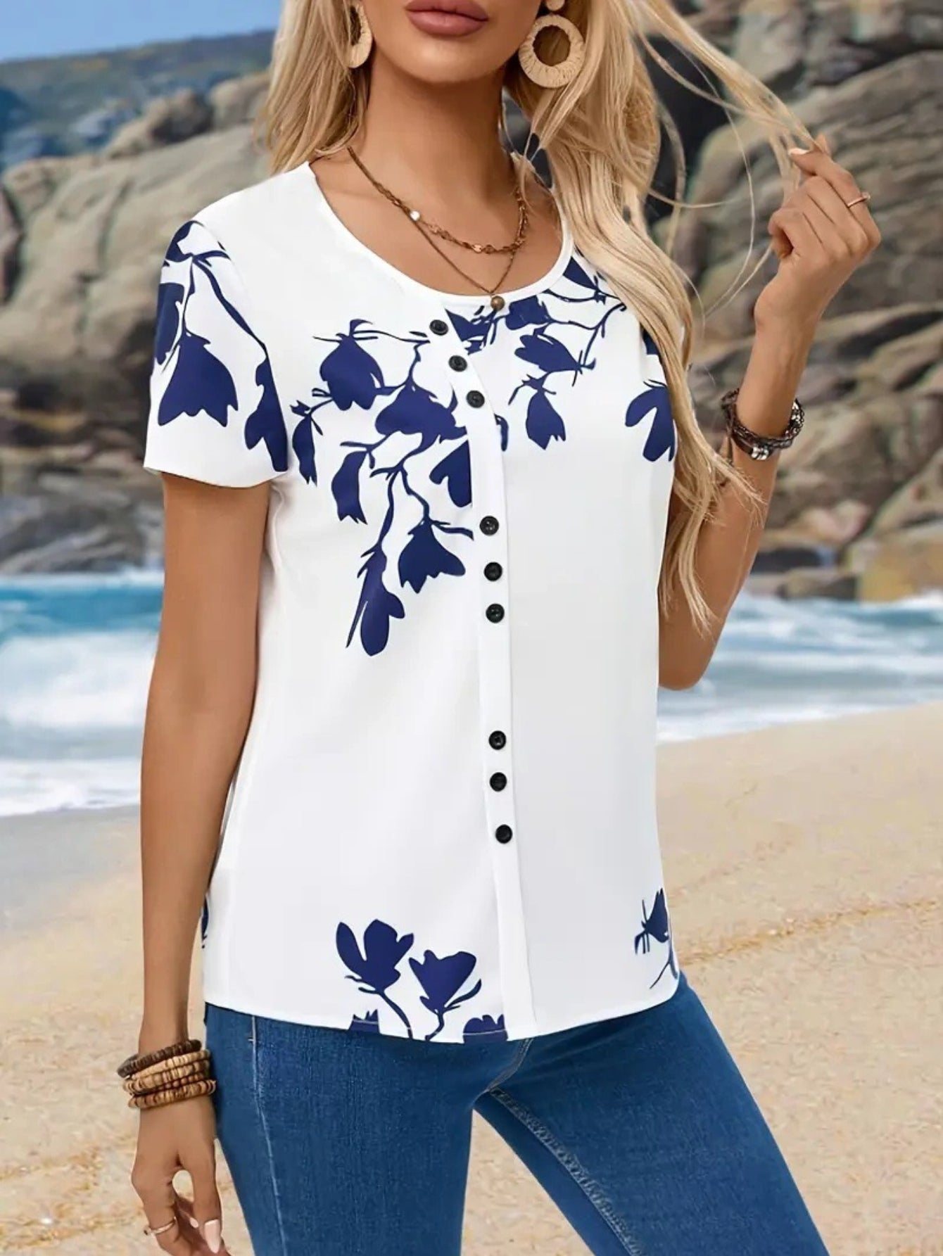 Floral Print Button Front Blouse, Casual Crew Neck Short Sleeve Blouse