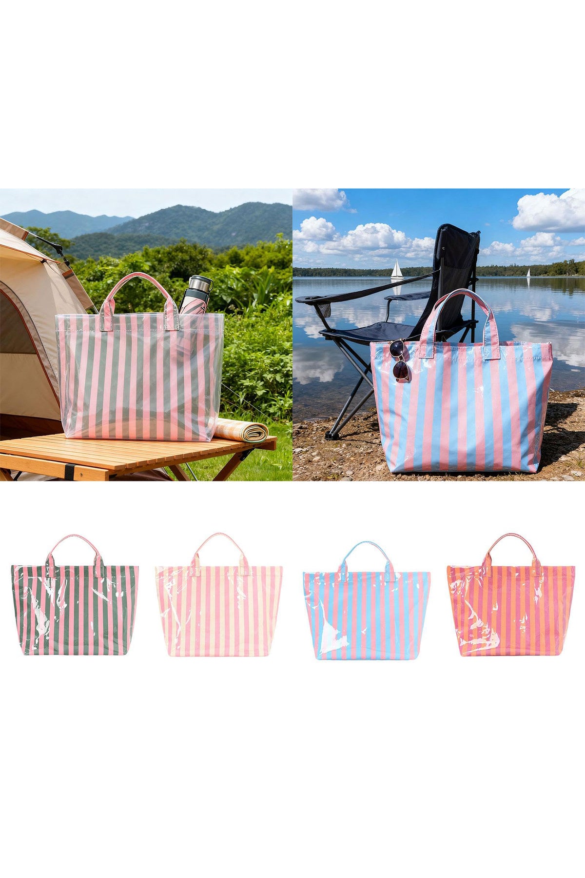 Light Blue Glossy Striped Vinyl Large Tote Bag (Color Varied)