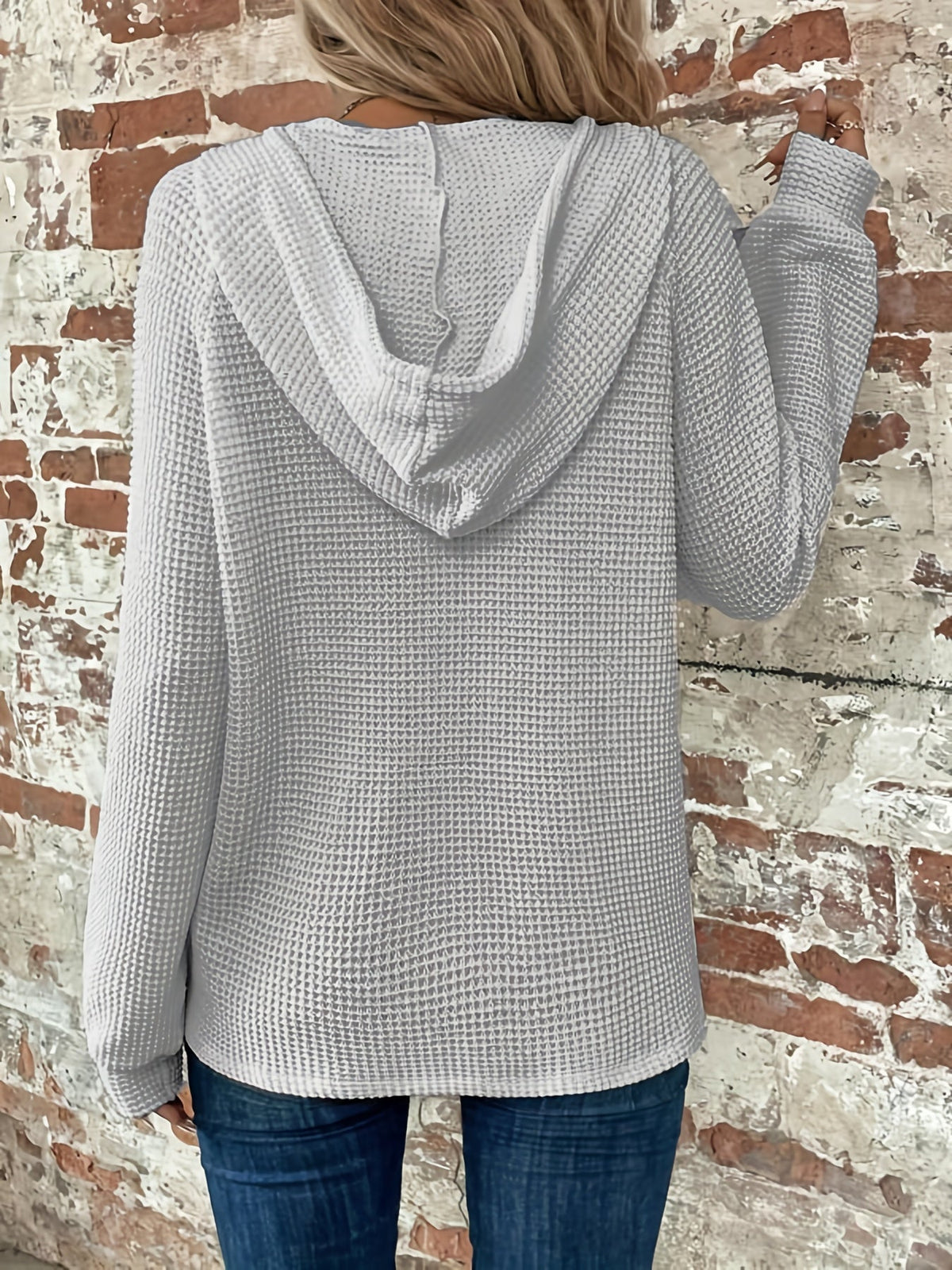 Waffle Button Front Loose Hoodie, Casual Long Sleeve Drawstring Hoodies Sweatshirt
