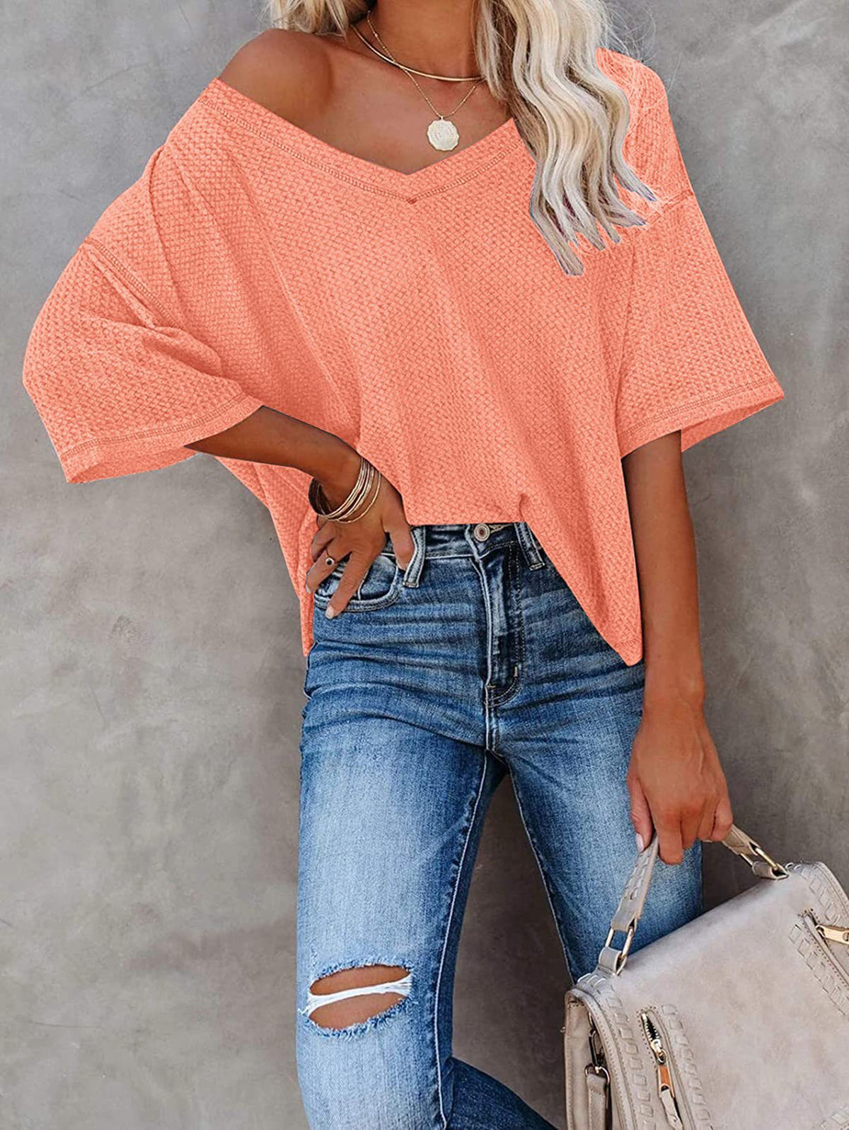 Solid Elegant V Neck T-Shirt, Drop Shoulder Casual Top