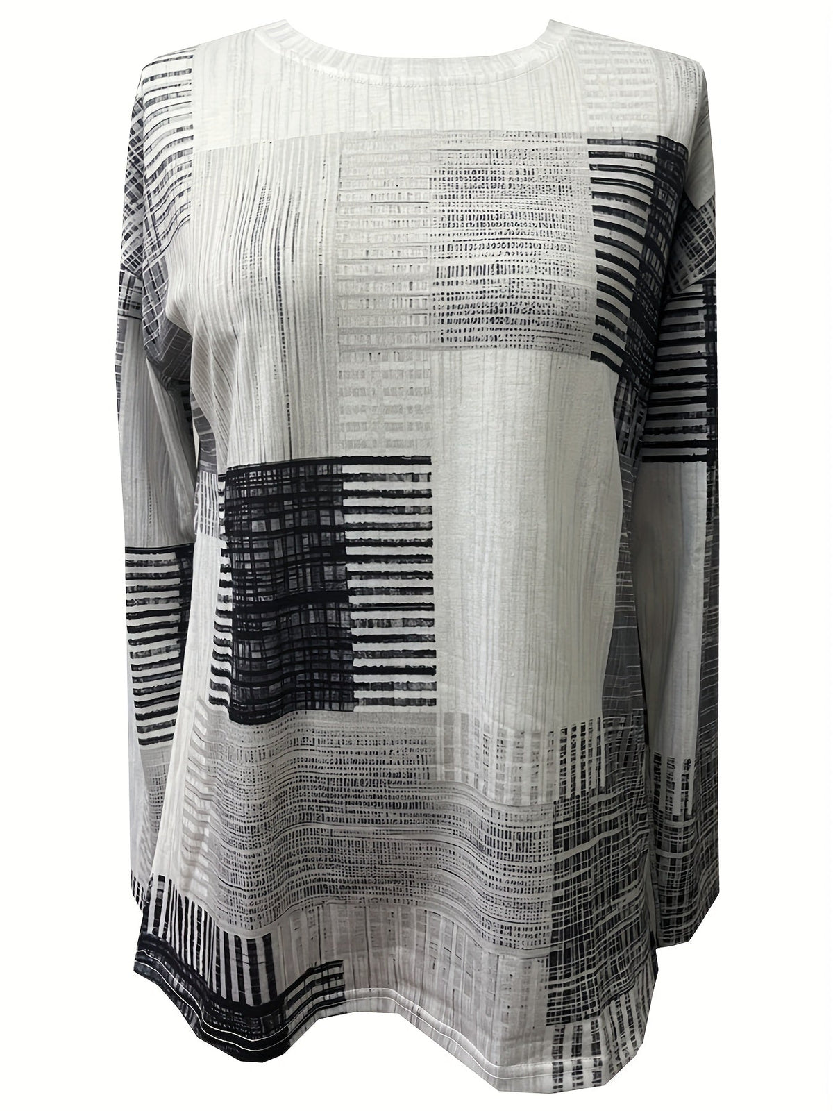 Geometric Print Crew Neck T-Shirt, Casual Color Block Long Sleeve T-Shirt