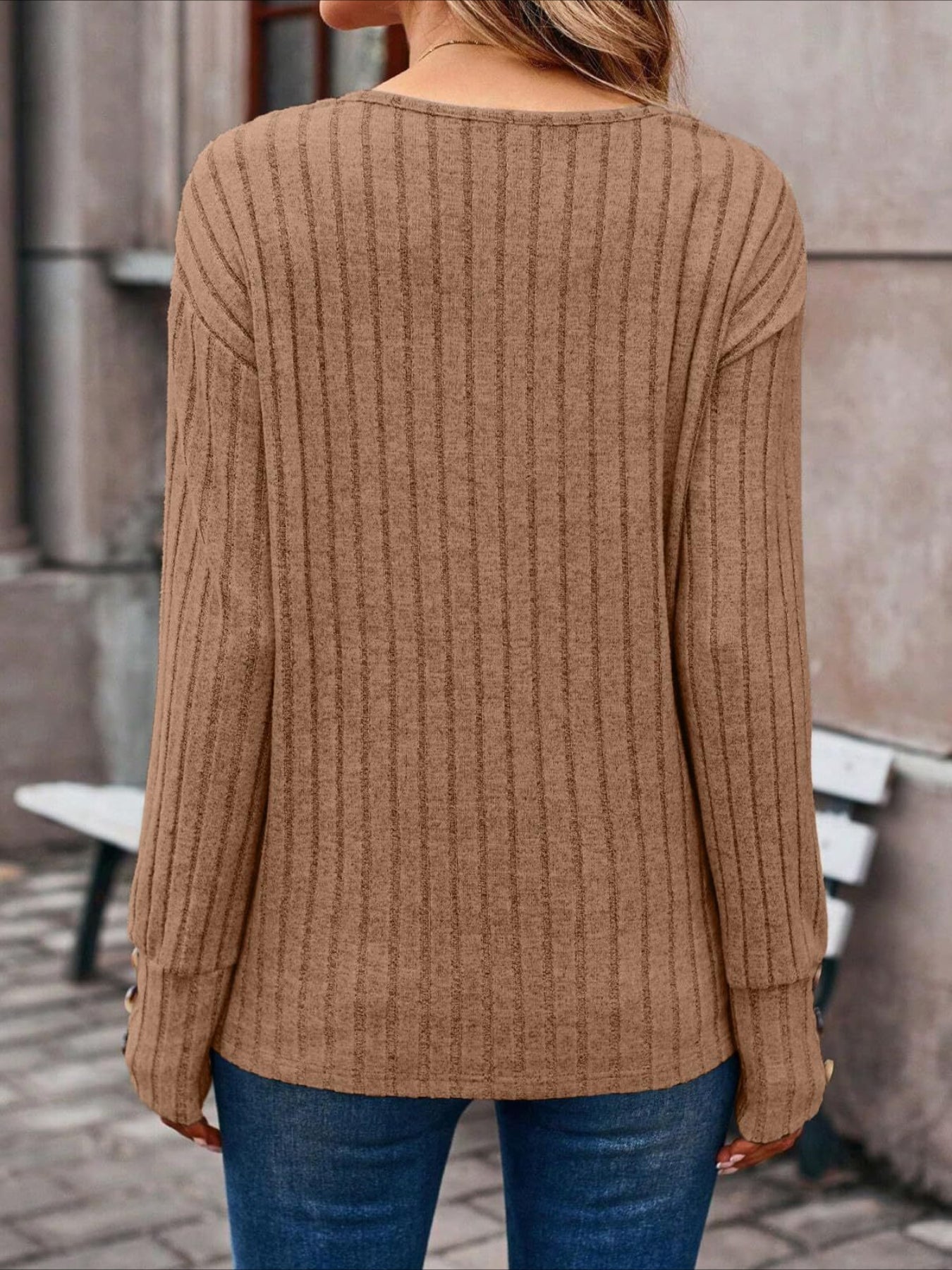 Womens Ribbed Button Detail T-Shirt - Fashionable V-Neck Long Sleeve Top