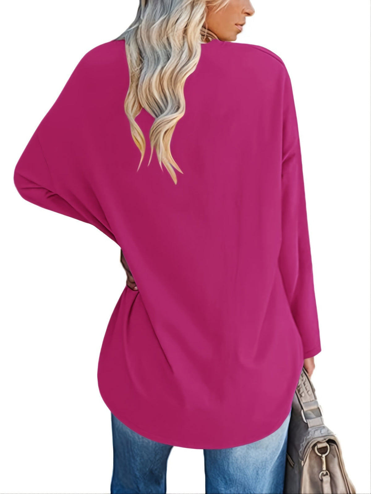 Women's Solid Color Oversized Tops, V-Neck Long Sleeve T-Shirts, Casual Loose Shirts
