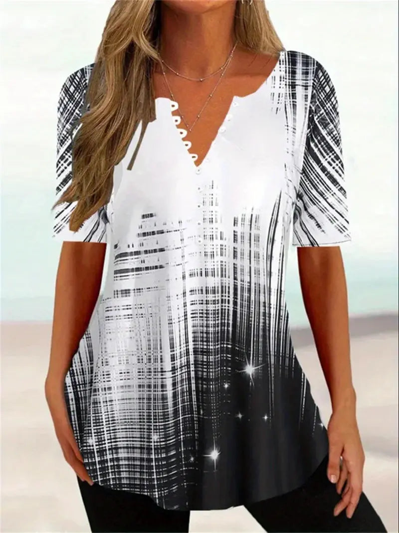 V-neck Button Printed Short-sleeved T-shirt