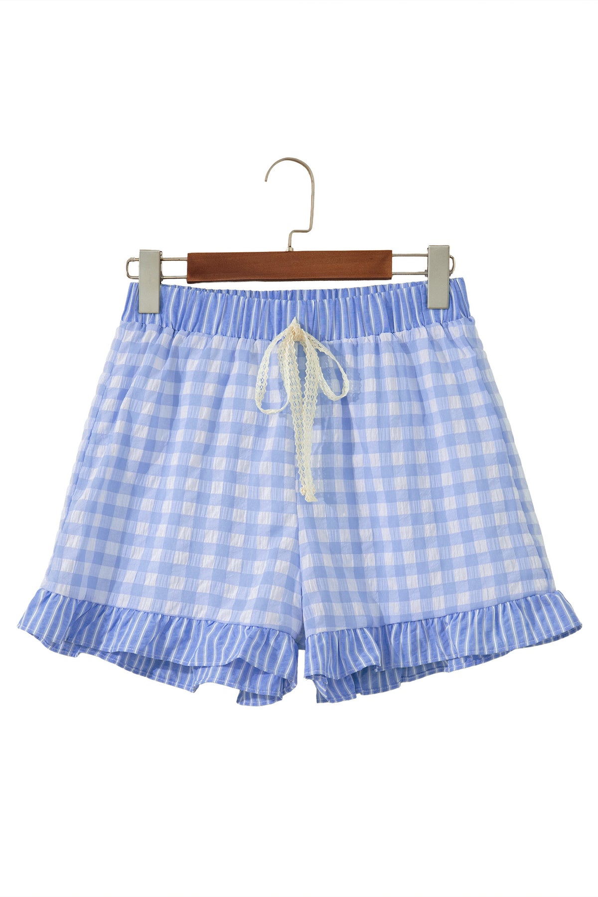 Sky Blue Gingham Print Ruffle Striped Detail Lace Tie Shorts