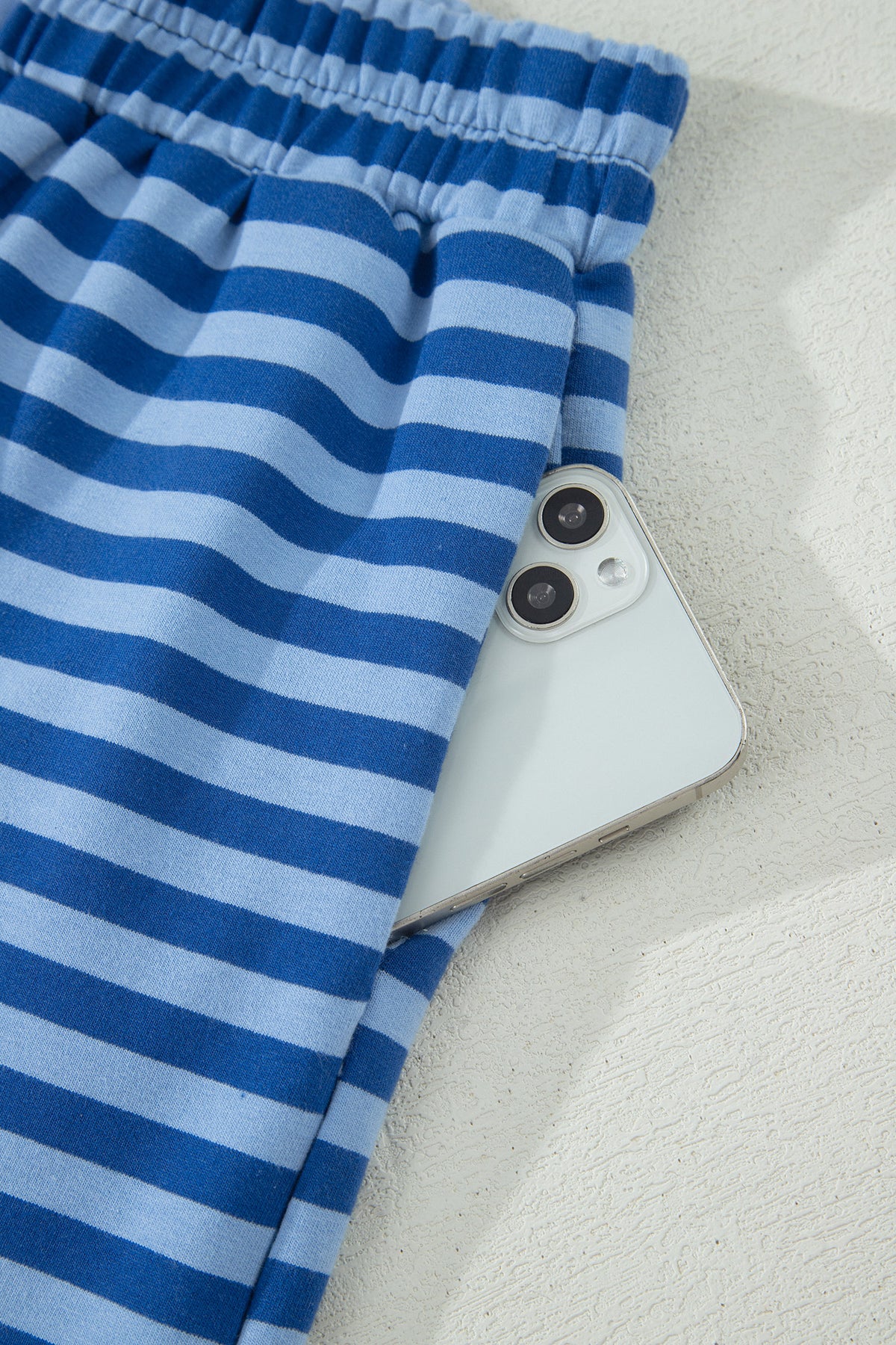 Blue Stripe Striped Ribbed Cotton Two-Piece Short Set with Chest Patch Detail