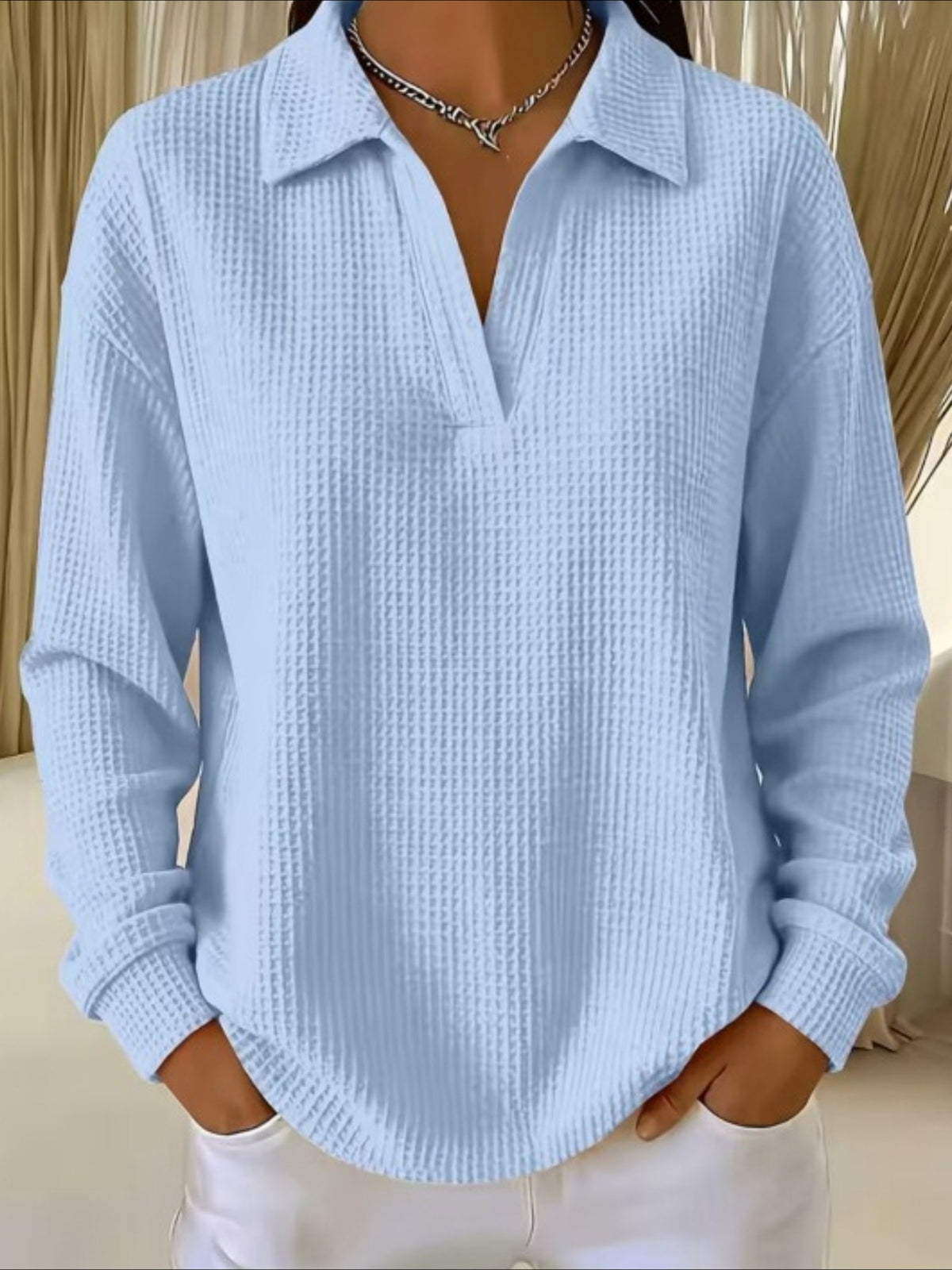 Waffle Lapel Neck Long Sleeve Polo Top