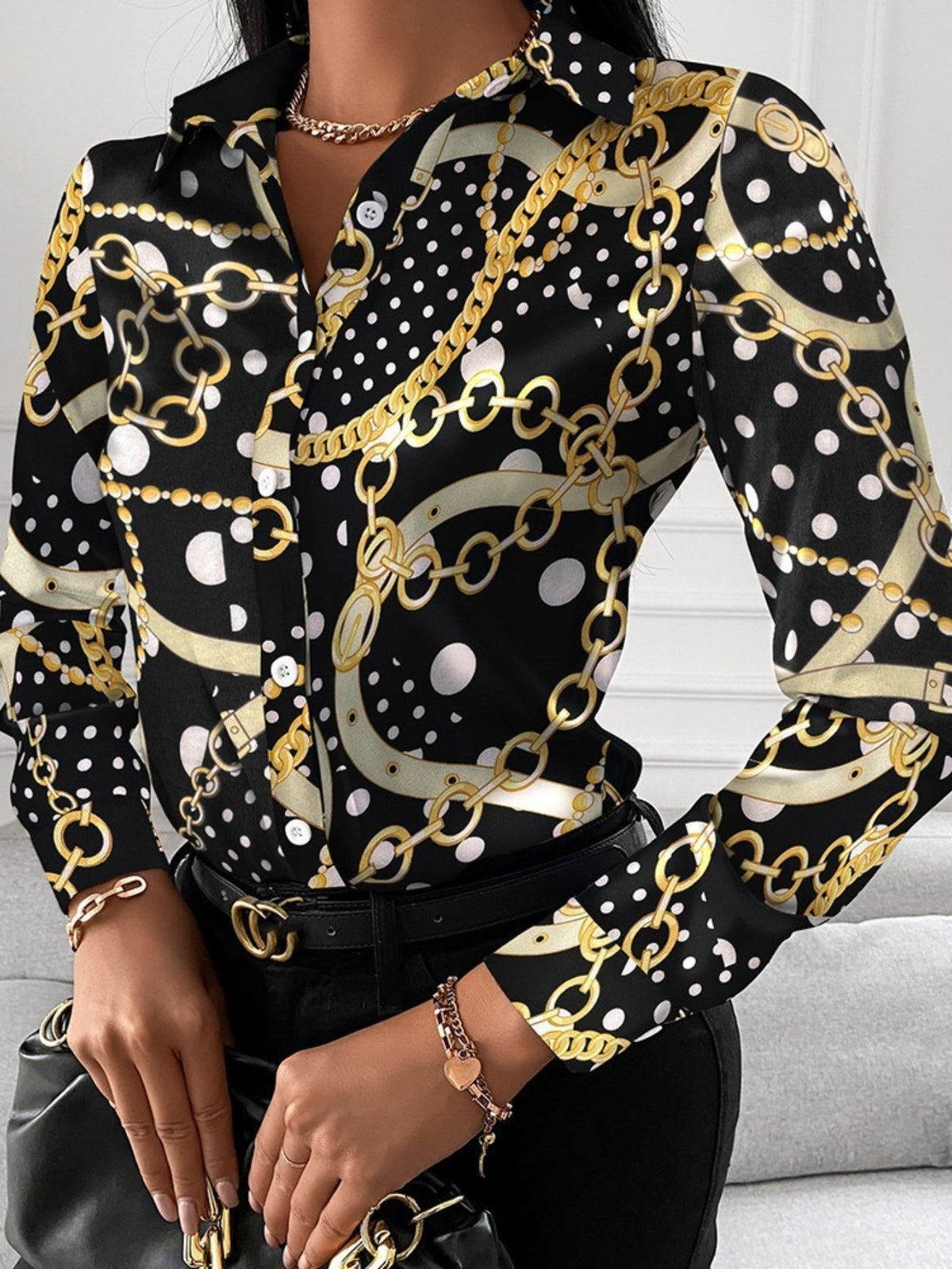 Women's Blouse V-neck Print Button Long Sleeve Loose Fall Blouse
