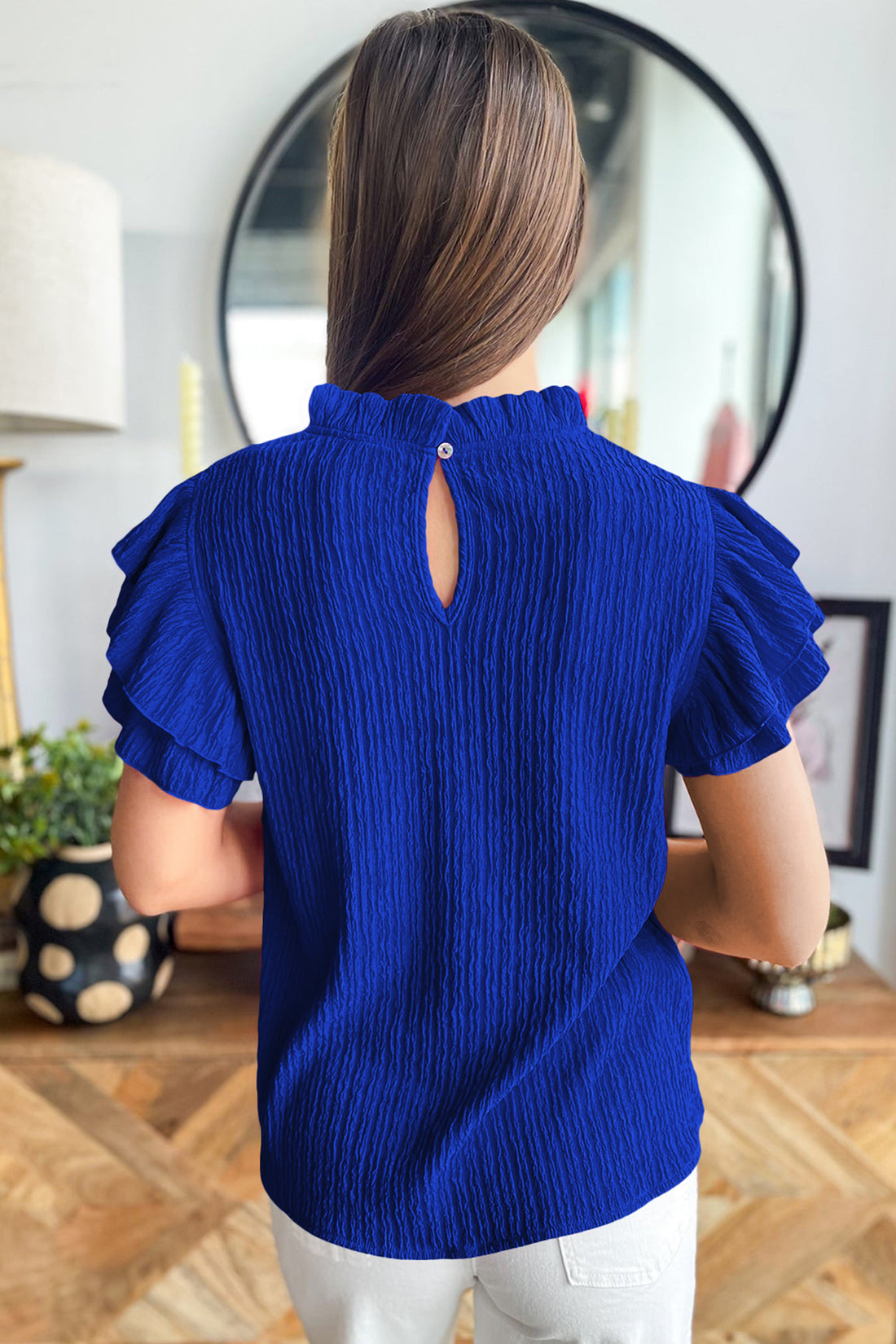 Dark Blue Solid Color Textured Ruffle Trim Short Sleeve Blouse