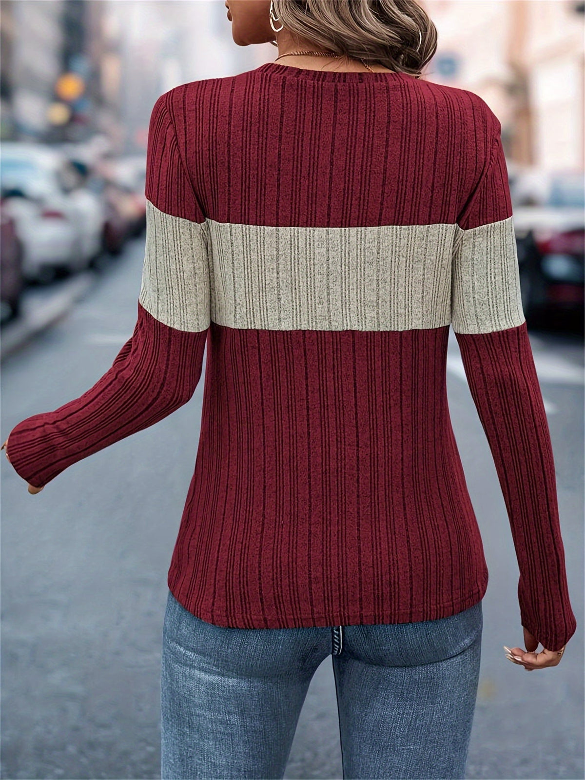 Color Block Crew Neck T-Shirt, Casual Long Sleeve Top