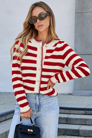 Red Stripe Chic Golden Button Cardigan Sweater