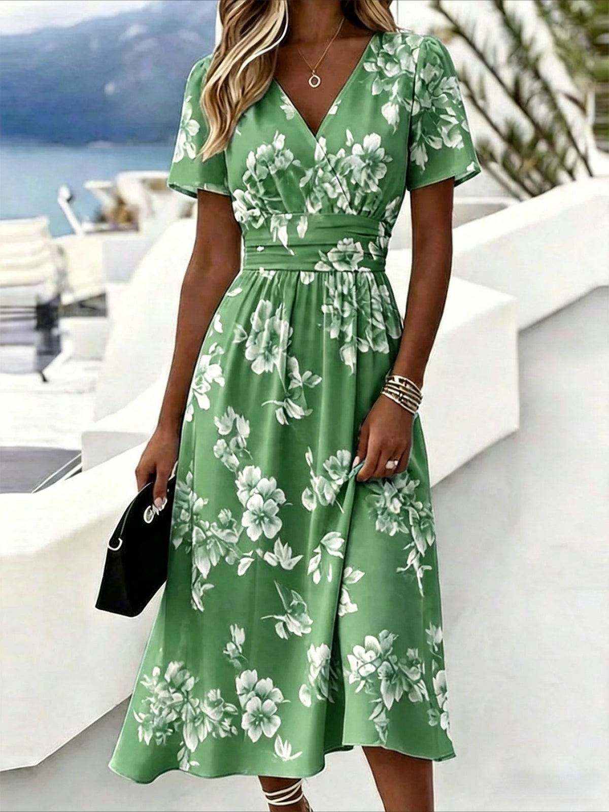 Floral Print V Neck Short Sleeve Beach A-Line Dress