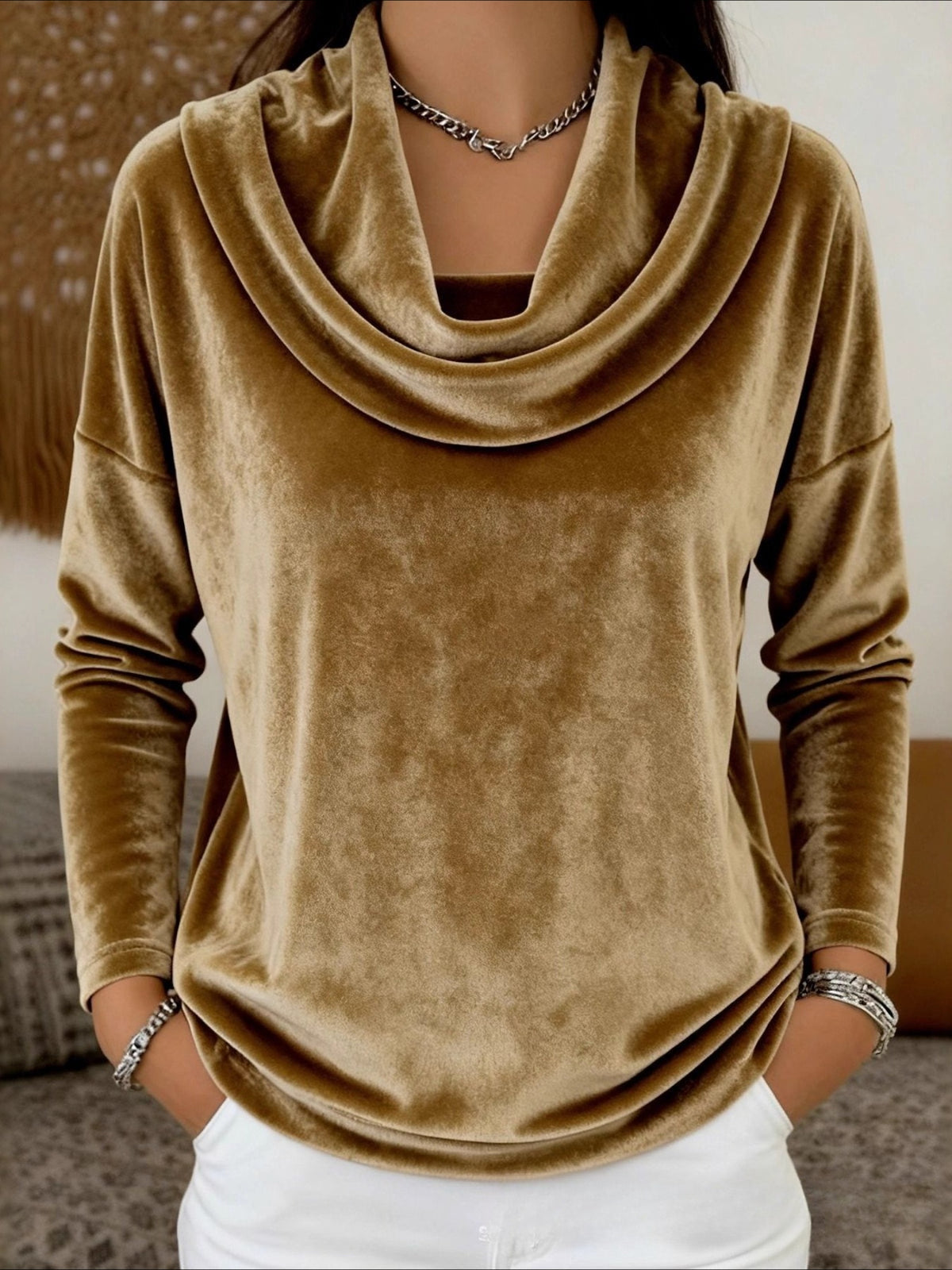 Solid Color Gold Diamond Fleece Round Neck Long Sleeve Top