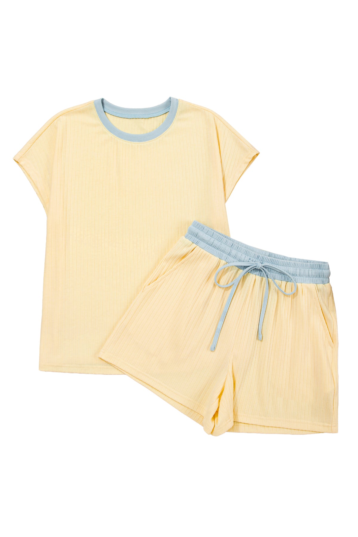 Yellow Cream Soft Ribbed Color Block Trim Casual Short Set