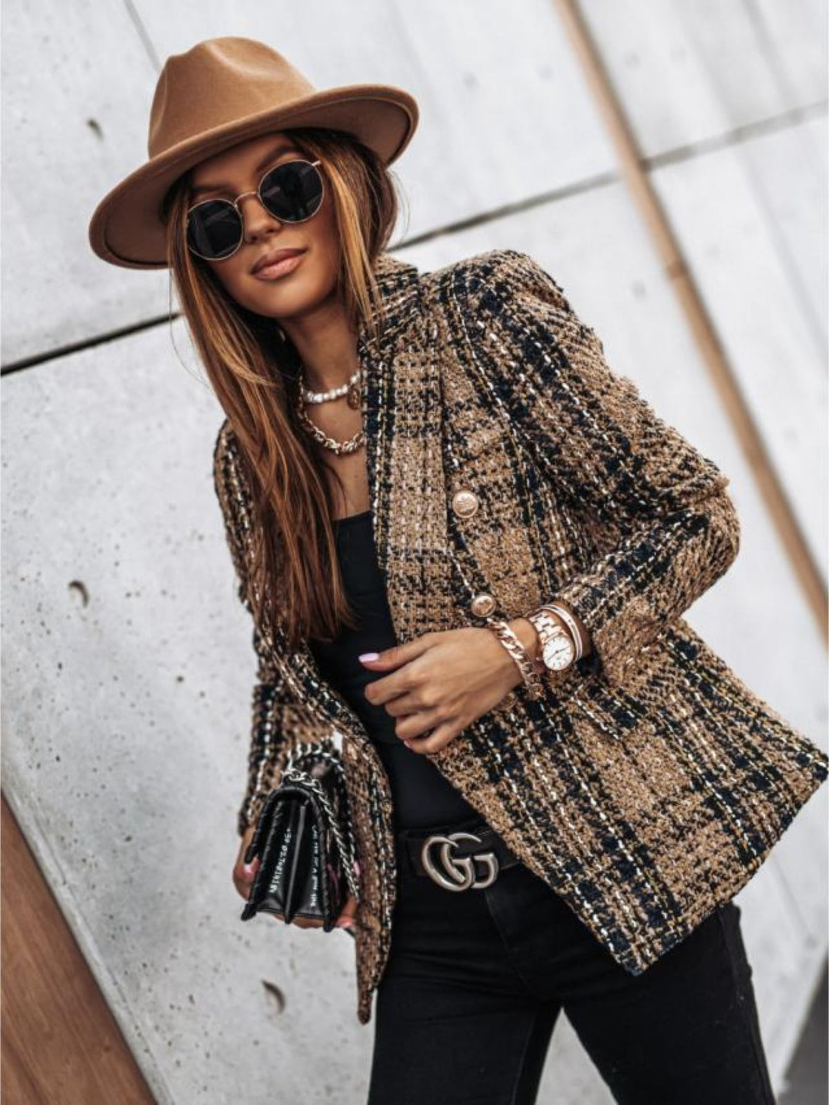 Double-breasted Notched Lapel Blazer, Elegant Plaid Tweed Long Sleeve Blazer For Office & Work