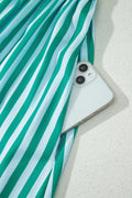 Green Stripe Scalloped Contrast Patchwork Knot Strap Midi Dress
