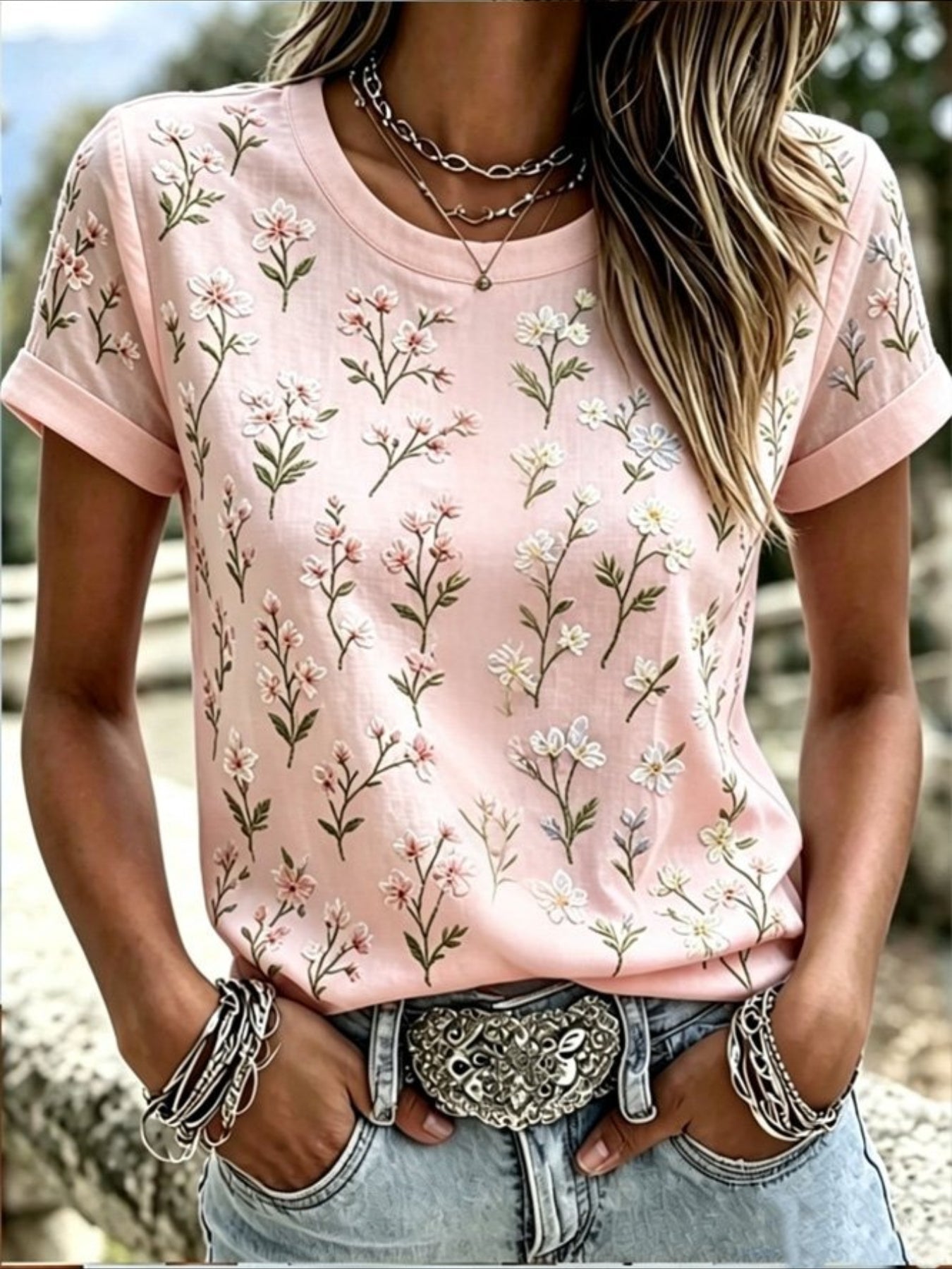 Floral Print Short Sleeve Crew Neck Top with Patchwork Blouse Style