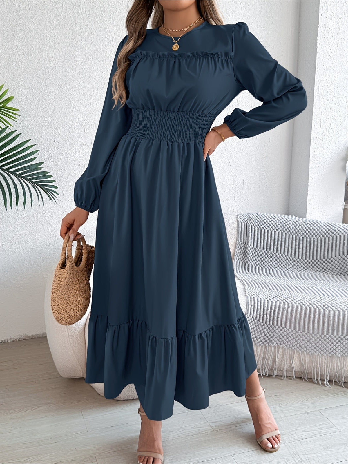Elegant Long Sleeve Hem Round Neck Dress