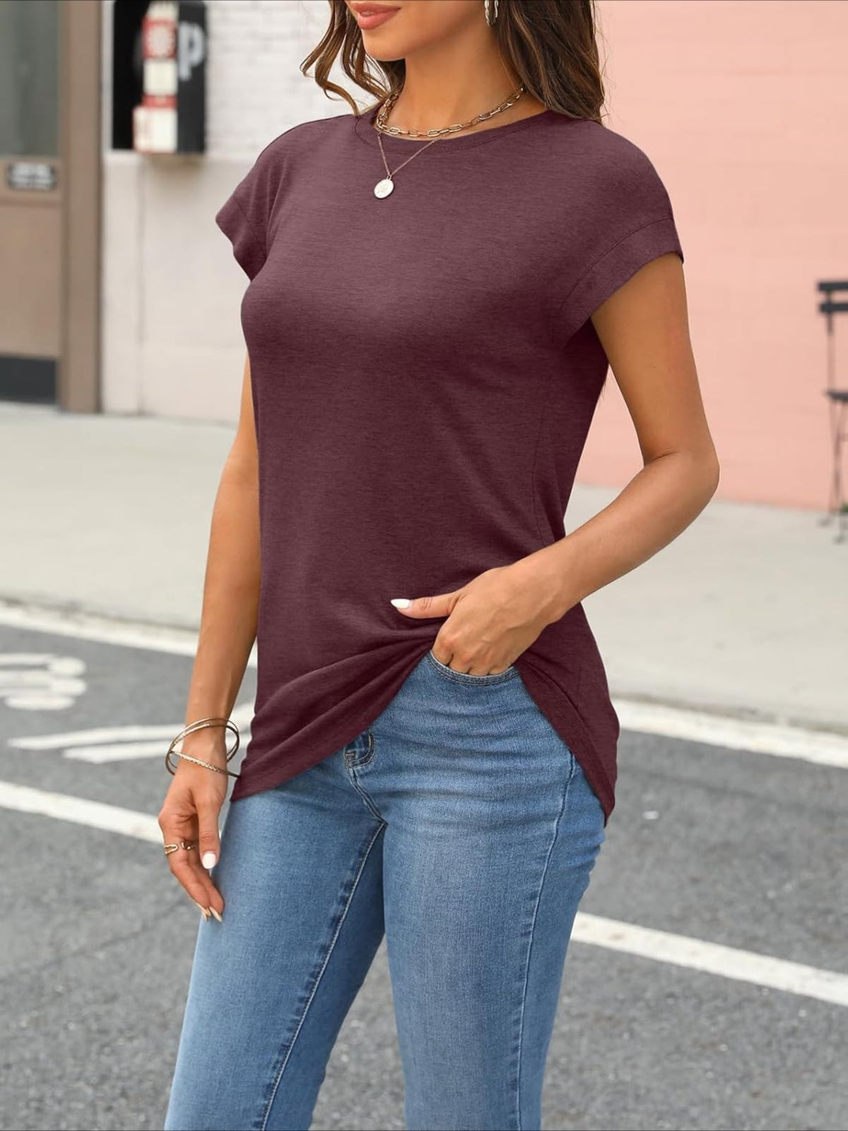 Solid Color Round Neck Cap Sleeve T Shirts