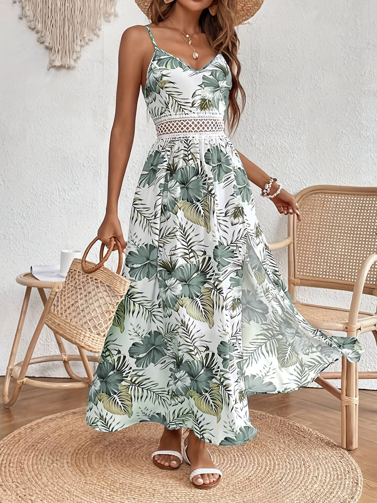 Floral Print Spaghetti Strap Elegant Sleeveless Split Dress