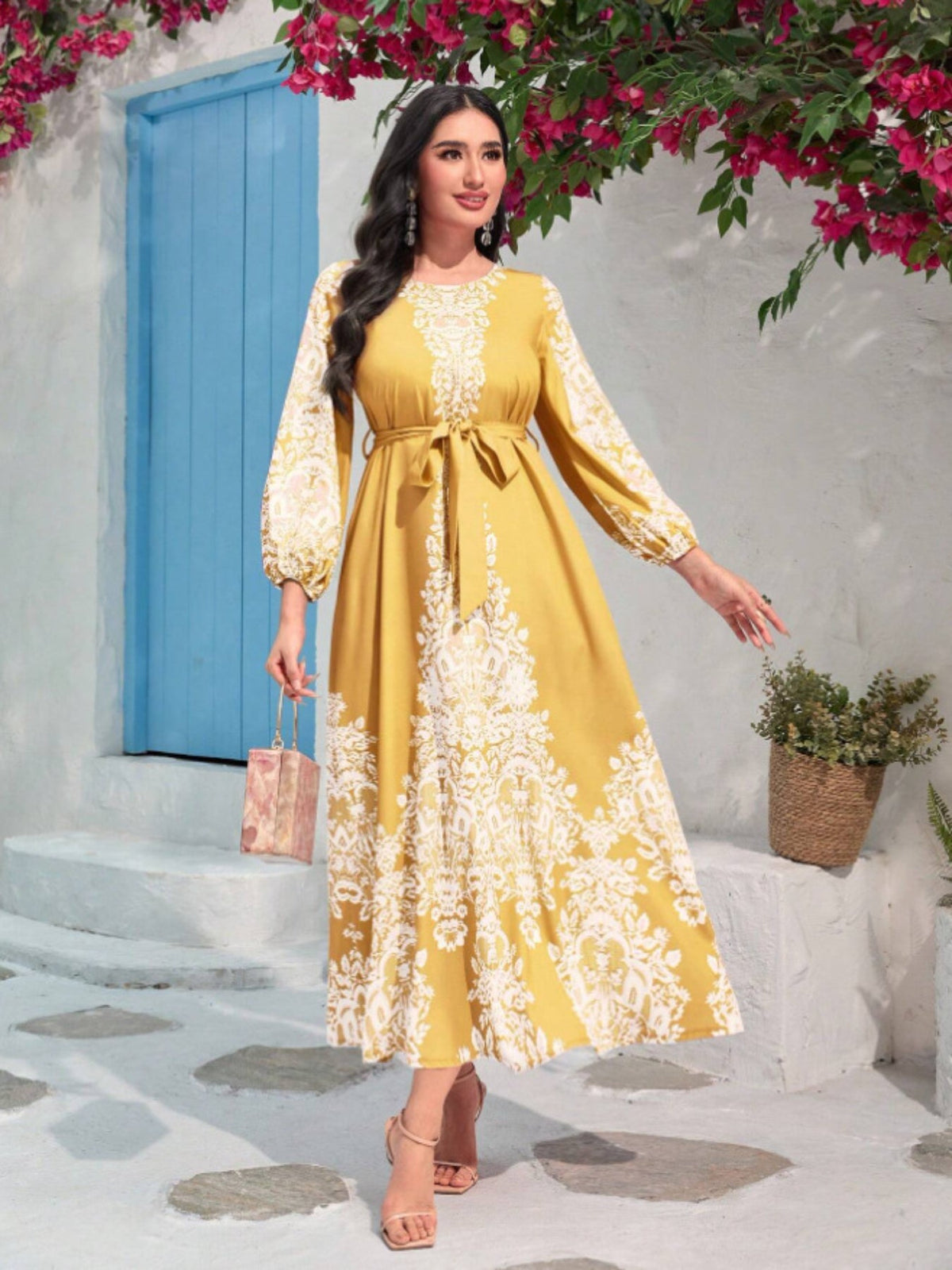 Graphic Print Tie Waist Kaftan Dress, Elegant Lantern Sleeve Maxi Length Dress