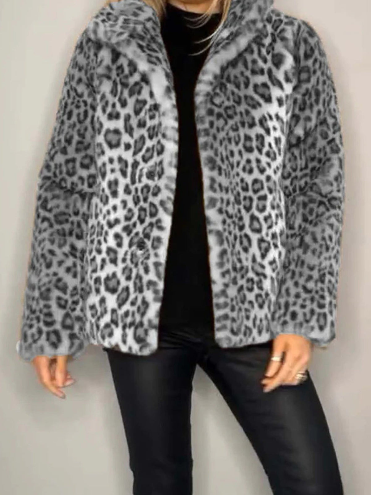 Full Size Leopard Furry Collared Neck Long Sleeve Coat