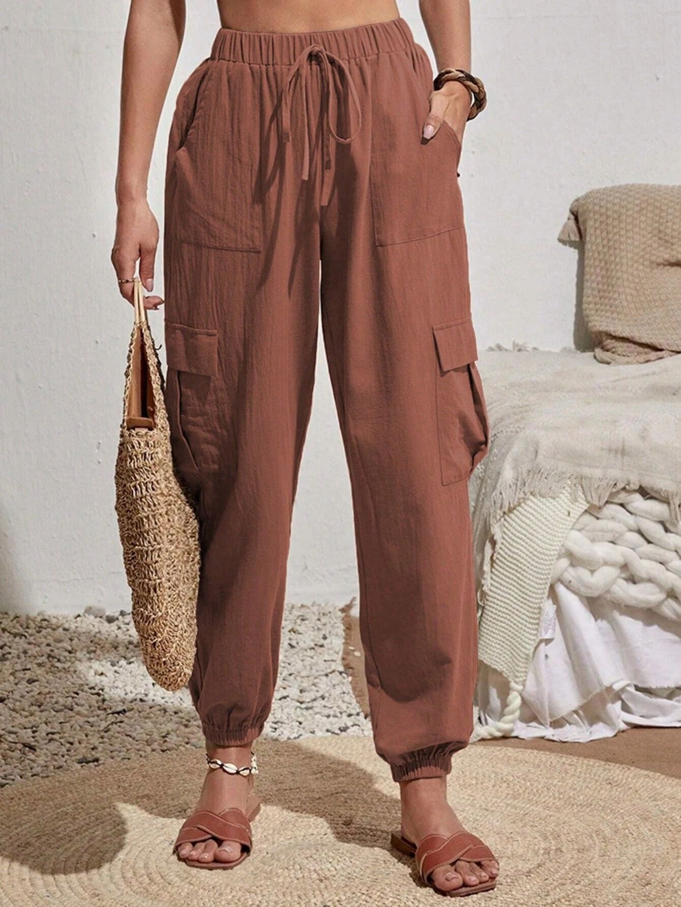 Solid Drawstring Pants, Casual Slant Pockets Cargo Pants