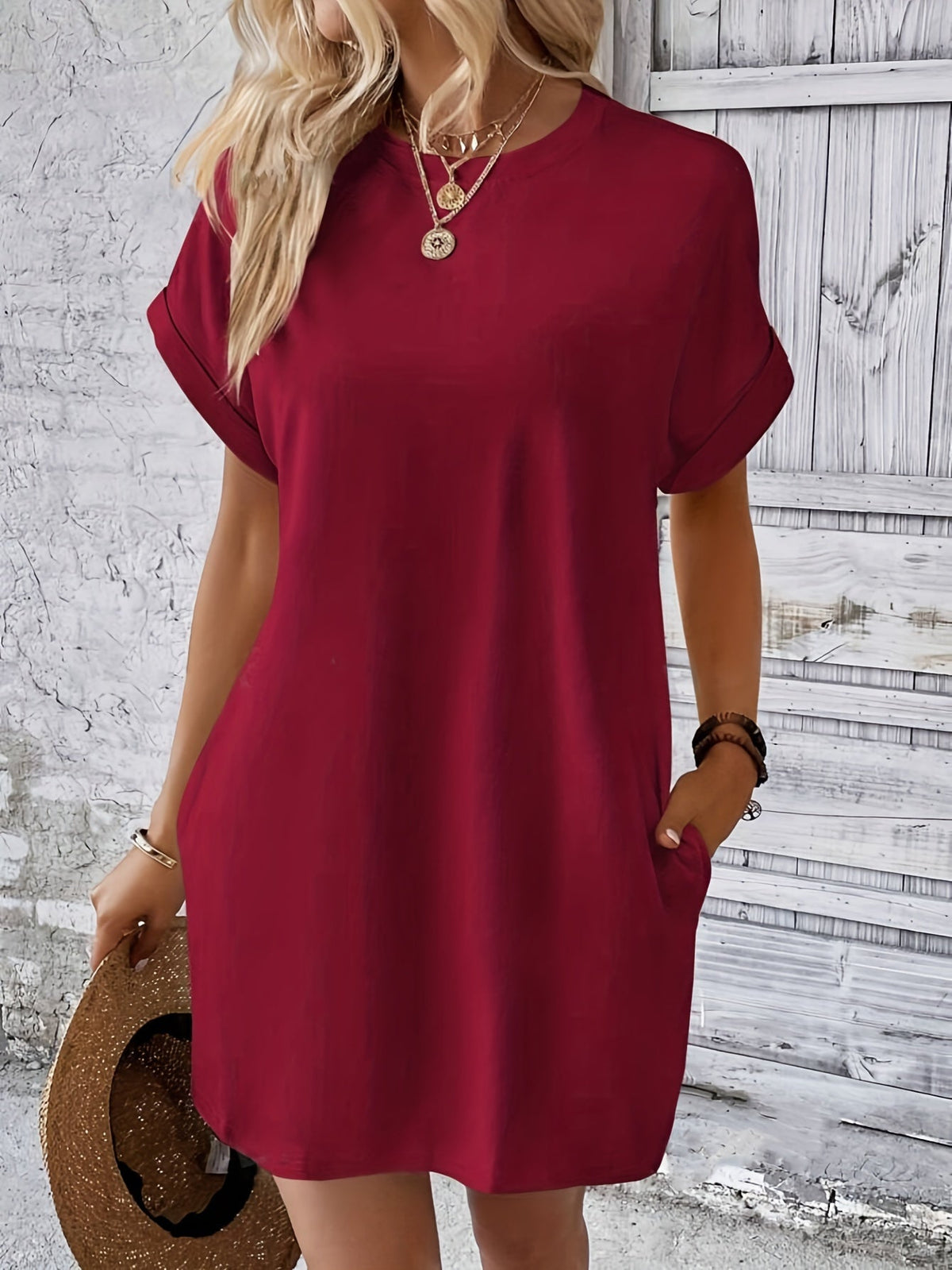 Crew Neck With Pocket Dress, Casual Short Sleeve Dress