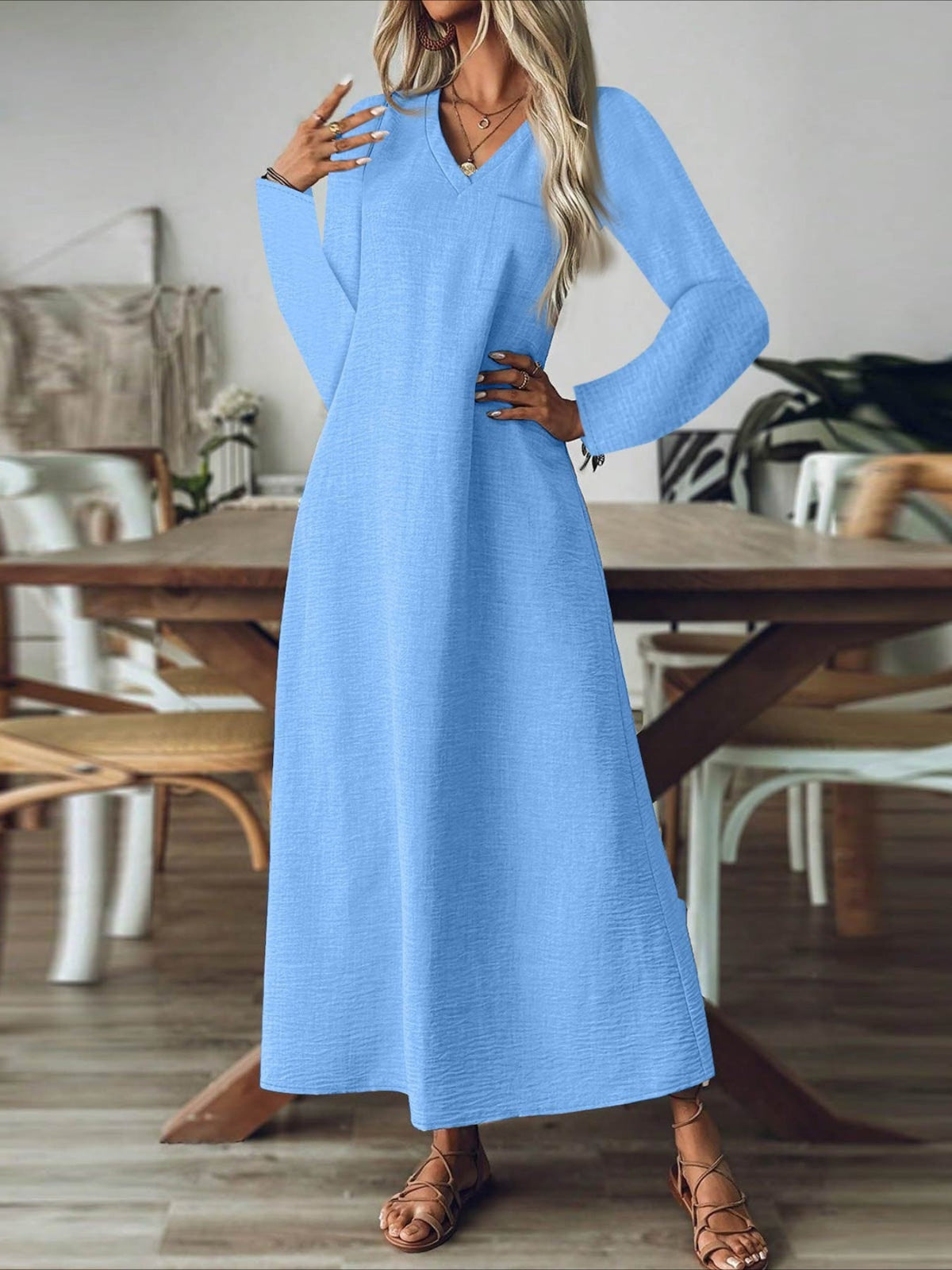 Back Zipper Solid Color Long Sleeve Cotton and Linen Dress