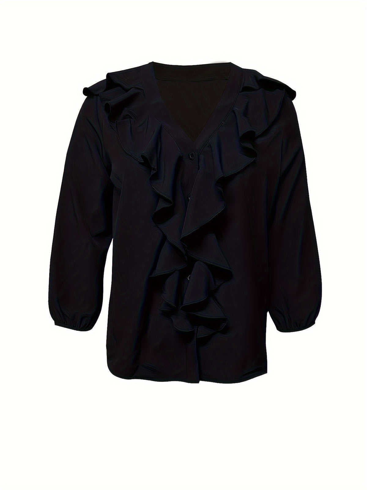 Ruffle Trim Button Front Blouse, Casual Long Sleeve Blouse