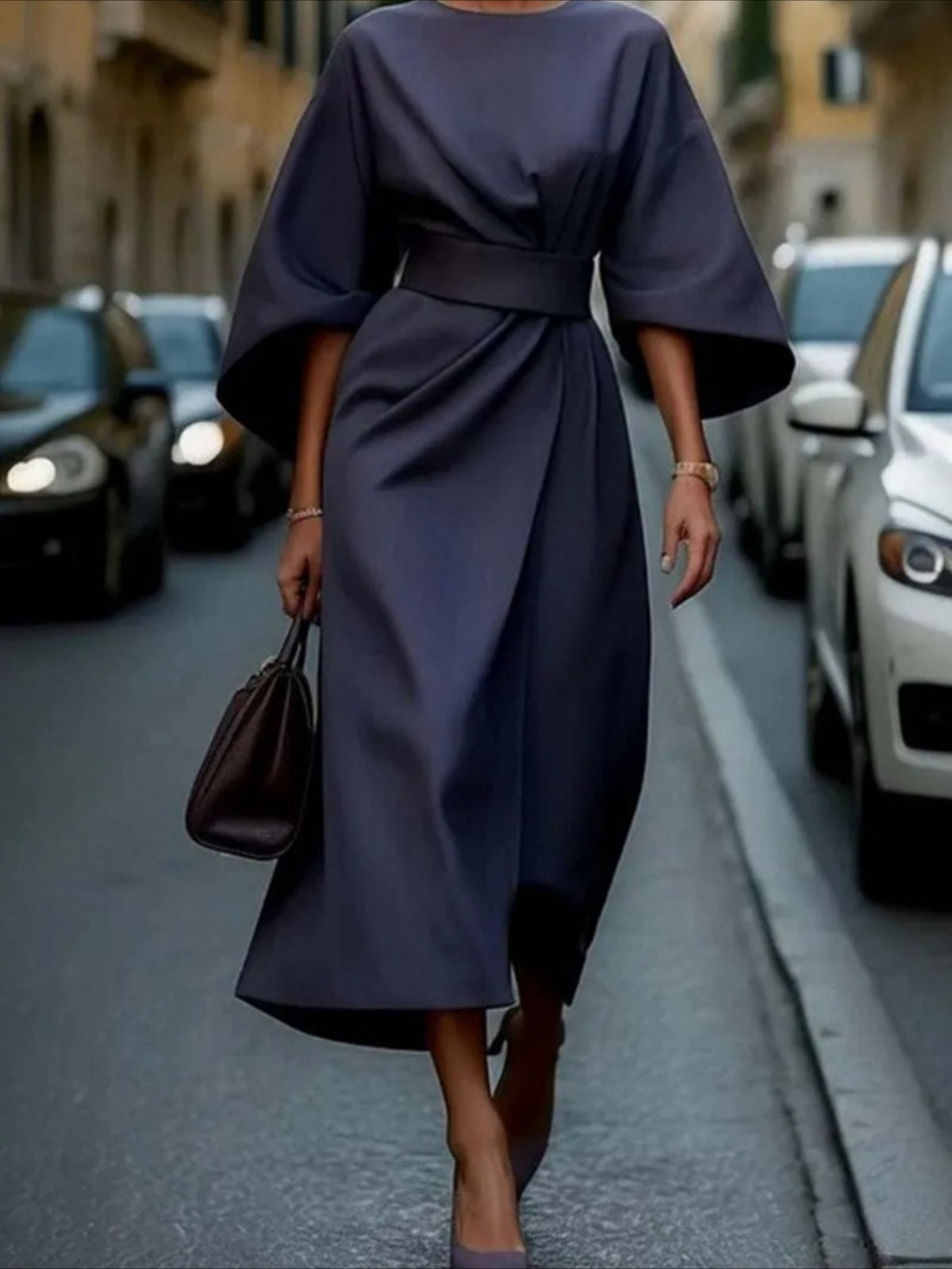 Elegant Solid Color Waist Seven Quarter Sleeve Round Neck Dress