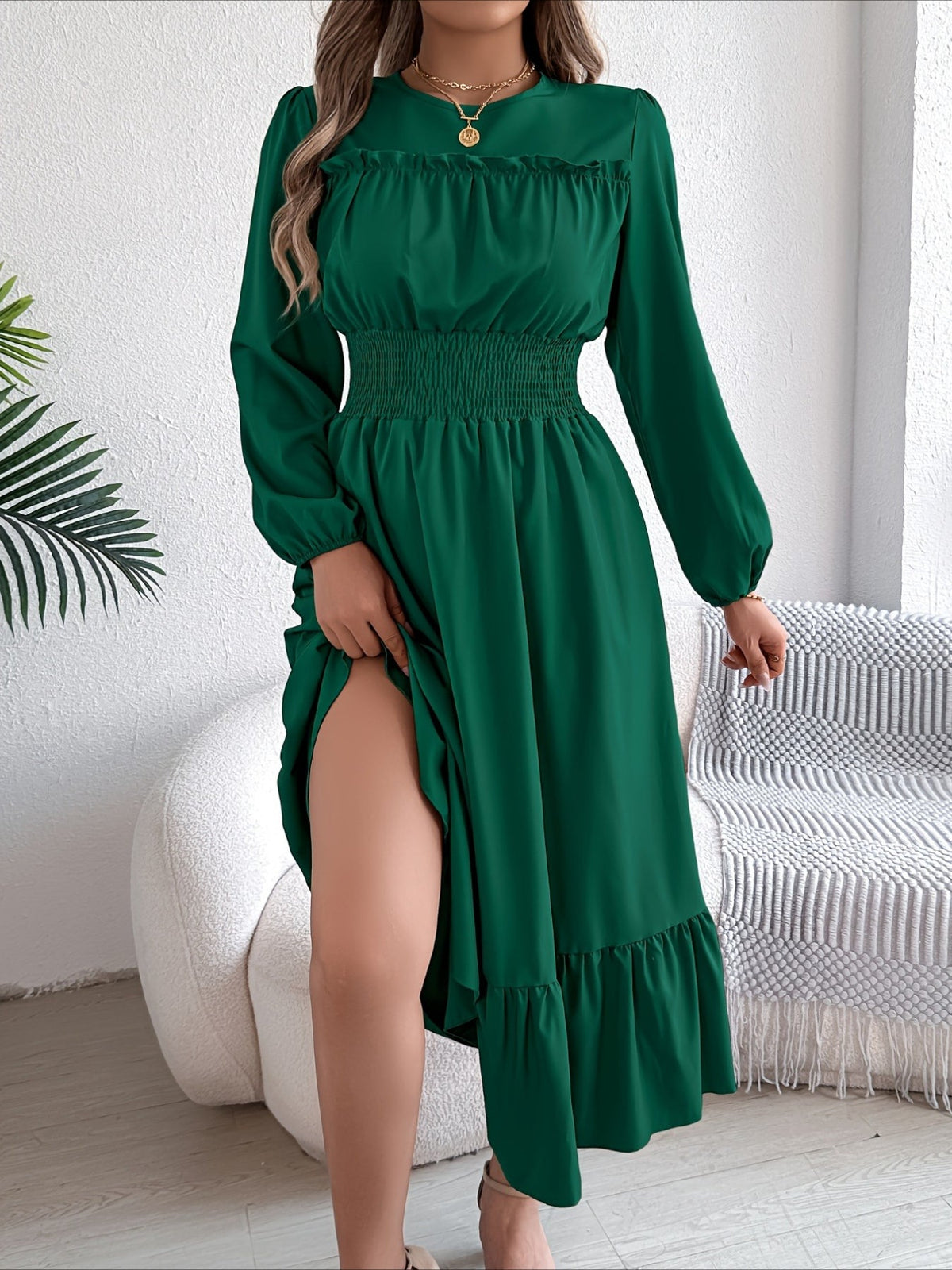 Elegant Long Sleeve Hem Round Neck Dress