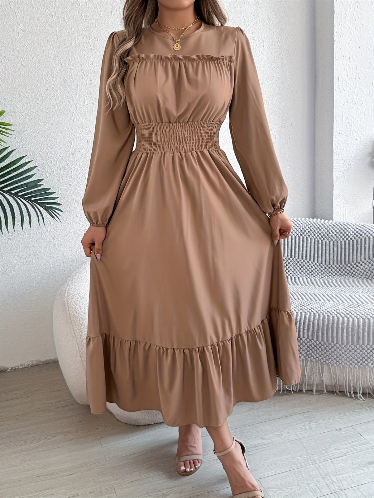 Elegant Long Sleeve Hem Round Neck Dress