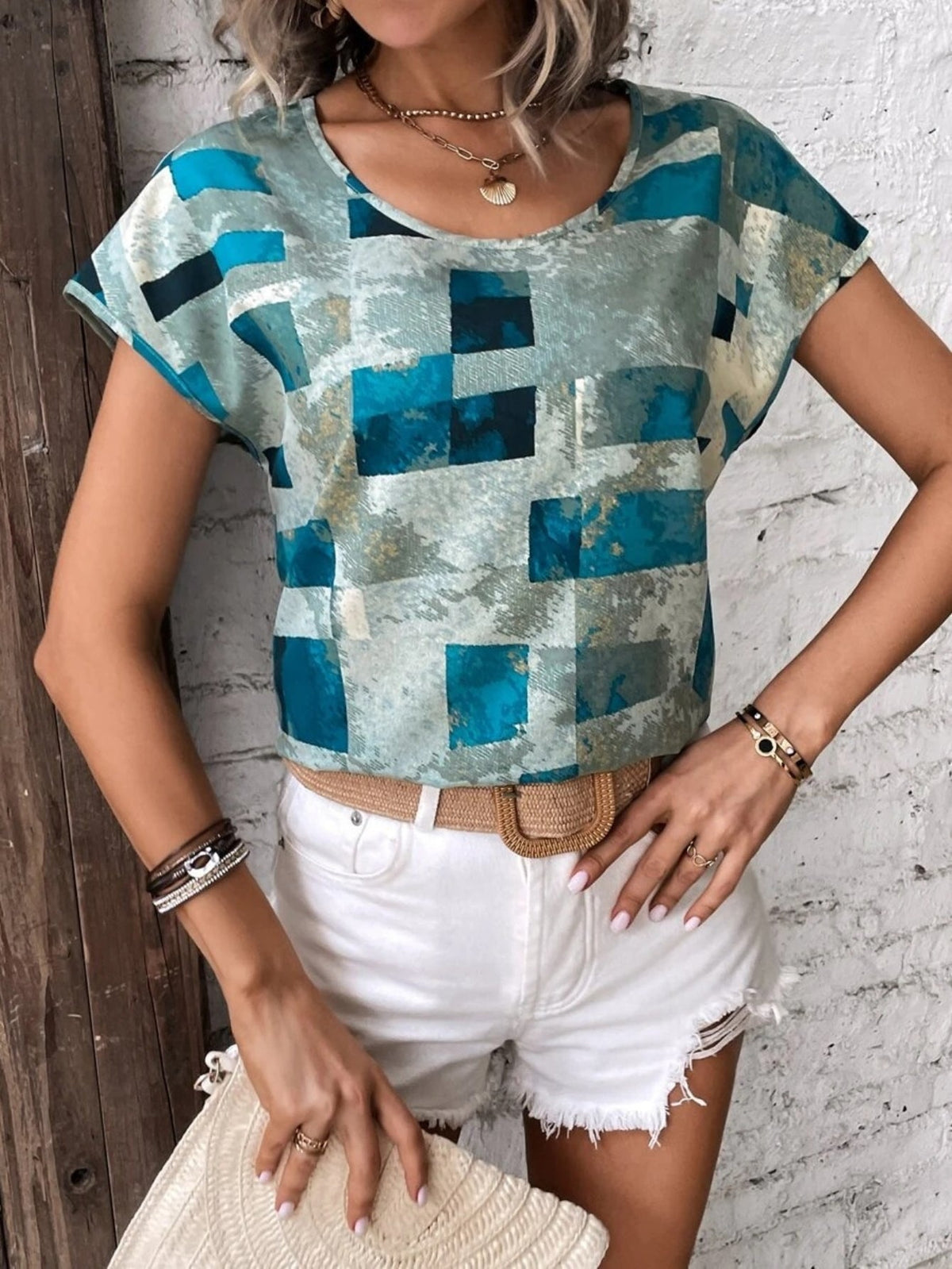 Graphic Print Crew Neck T-shirt, Short Sleeve Aztec Print Tops