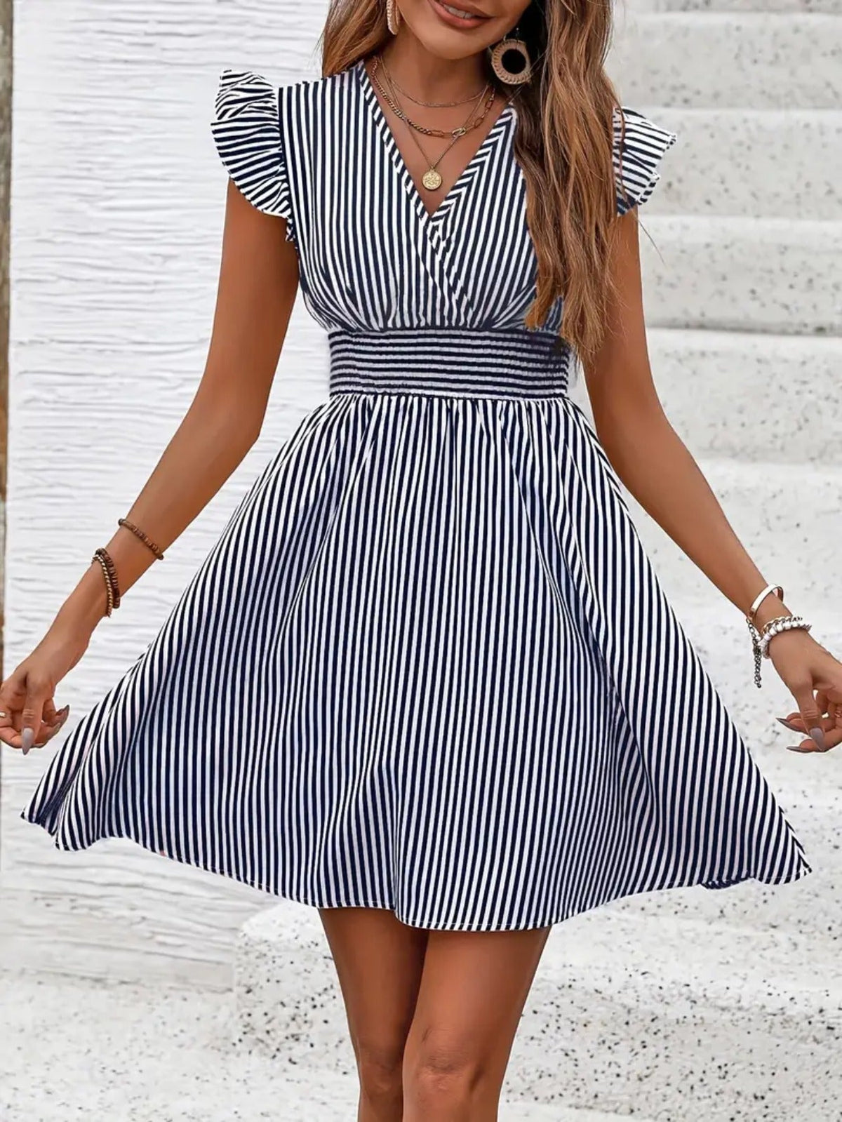 Summer Striped Surplice Dress with Flutter Sleeves and Shirred Waist