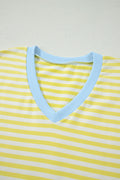 Yellow Stripe Colorblock Trim V Neck Tee Drawstring Elastic Waist Short Set