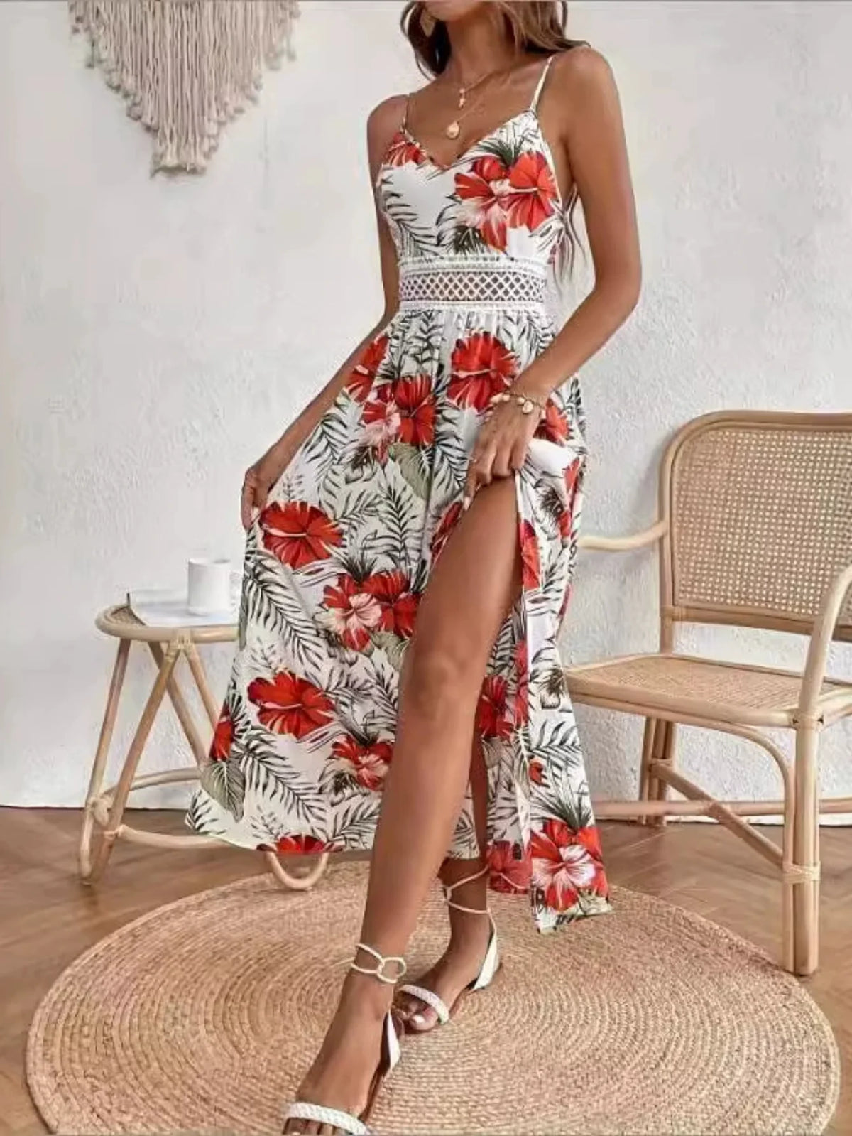 Floral Print Spaghetti Strap Elegant Sleeveless Split Dress